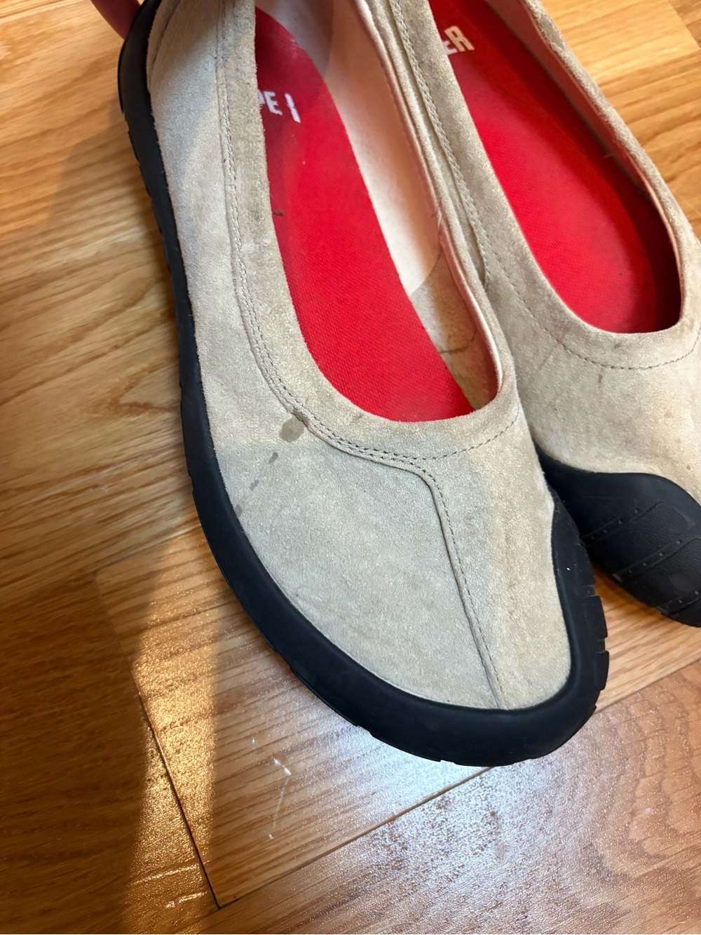 Camper Beige Suede Ballet Flats with Black Rubber Toe - Picture 4 of 8